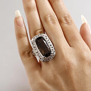 Karis Brazilian Smoky Quartz 13.00 ctw Elongated Elegance Ring in Platinum Bond (Size 7.0)