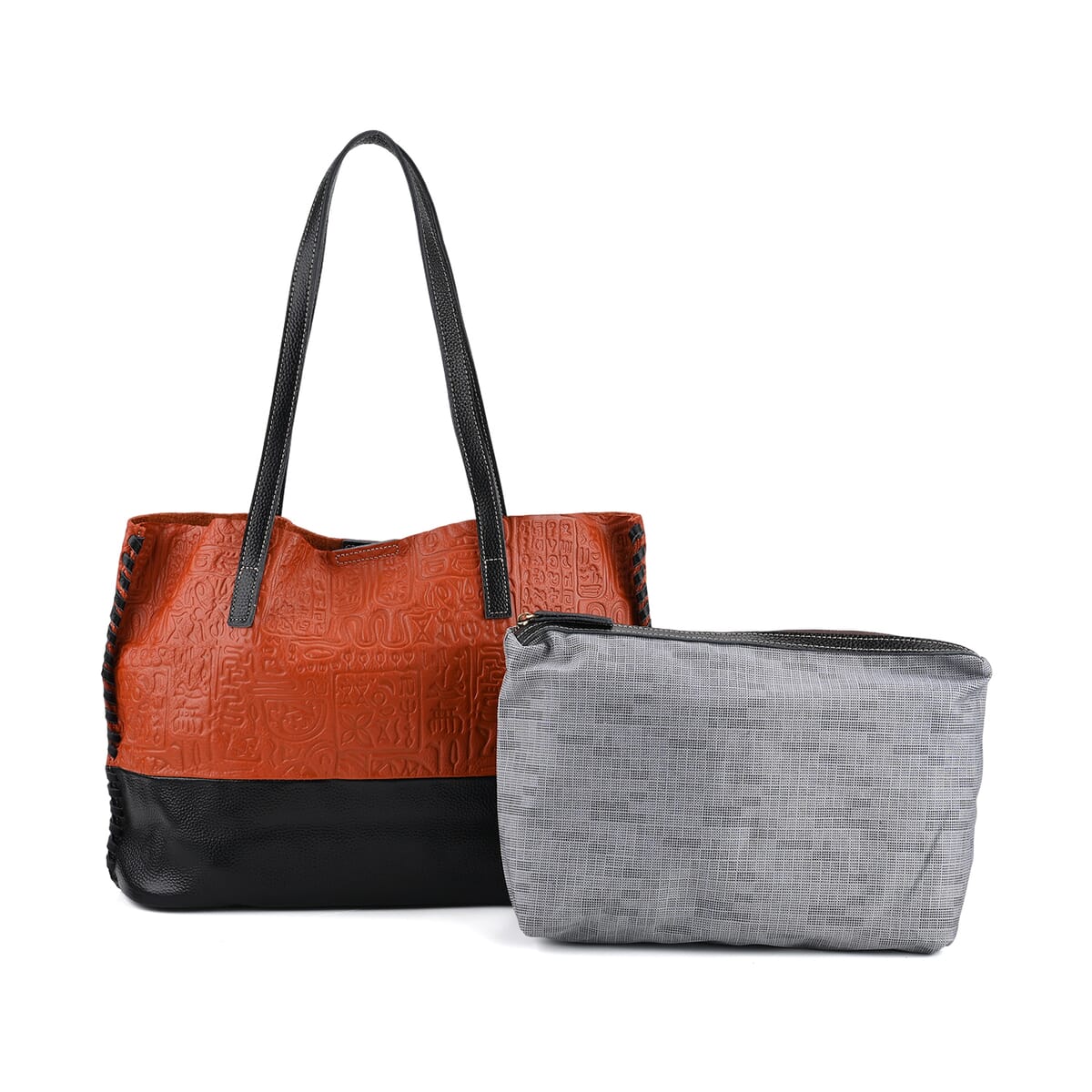Italy Retro Noble Collection Orange Genuine Leather Tote Bag with Small Zipper Bag image number 0