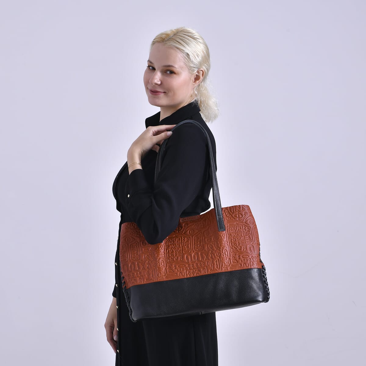 Italy Retro Noble Collection Orange Genuine Leather Tote Bag with Small Zipper Bag image number 1