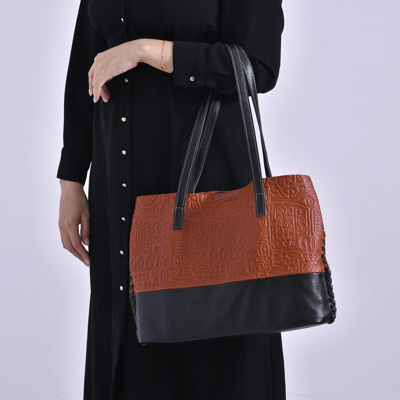 Italy Retro Noble Collection Orange Genuine Leather Tote Bag with Small Zipper Bag