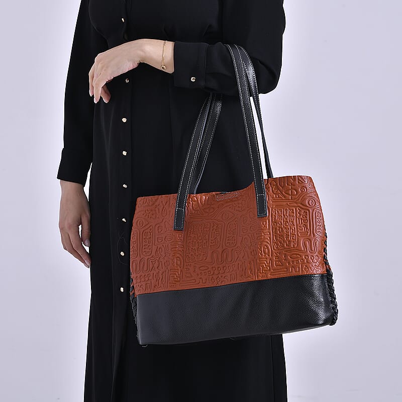 Italy Retro Noble Collection Orange Genuine Leather Tote Bag with Small Zipper Bag