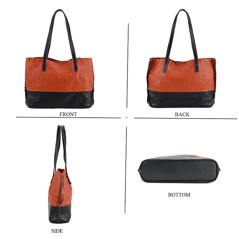 Italy Retro Noble Collection Orange Genuine Leather Tote Bag with Small Zipper Bag
