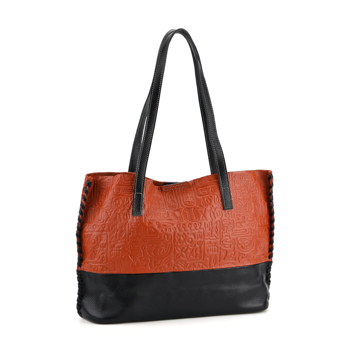 Italy Retro Noble Collection Orange Genuine Leather Tote Bag with Small Zipper Bag image number 5