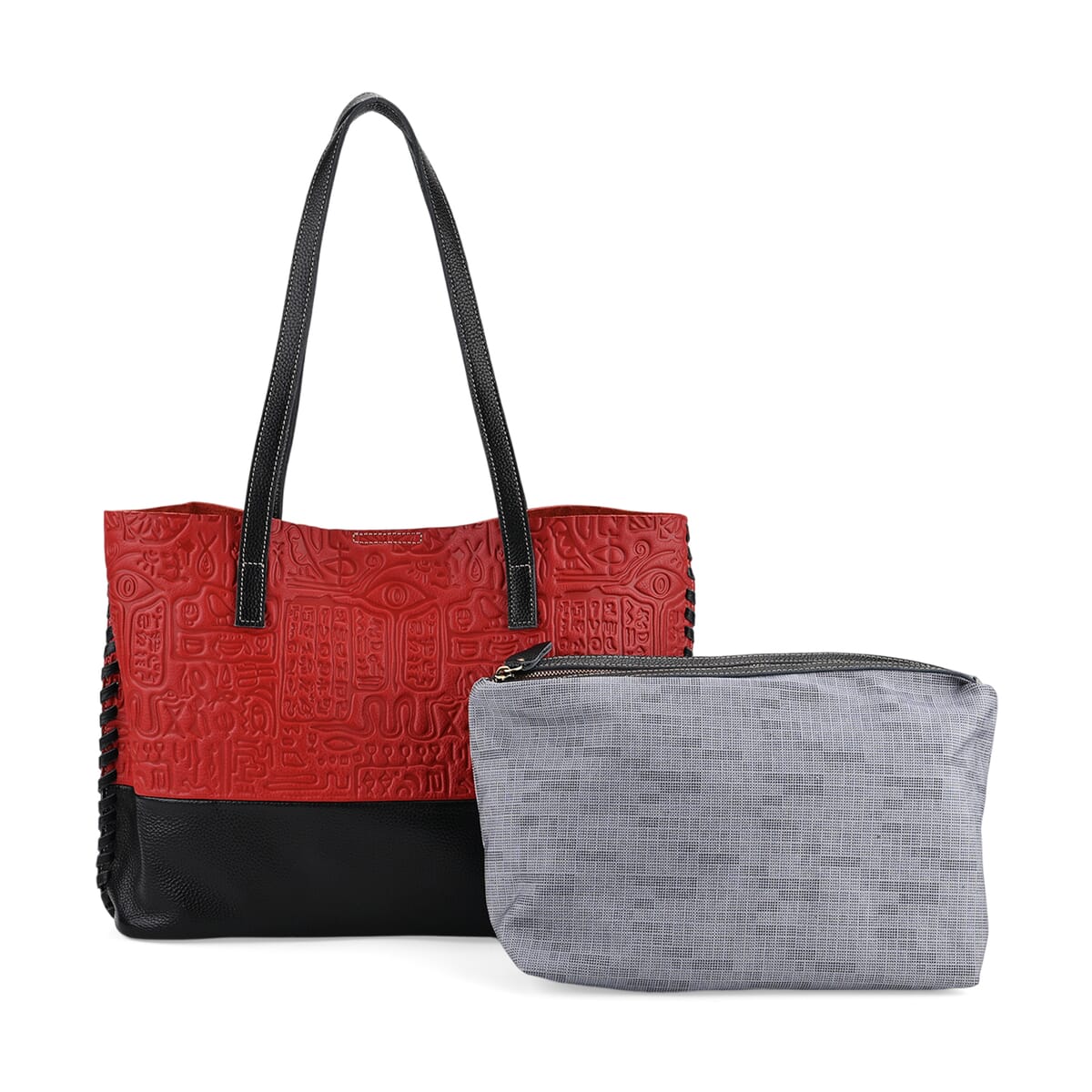 Italy Retro Noble Collection Red Genuine Leather Tote Bag with Small Zipper Bag image number 0