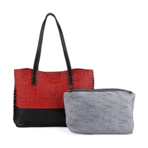 Italy Retro Noble Collection Red Genuine Leather Tote Bag with Small Zipper Bag