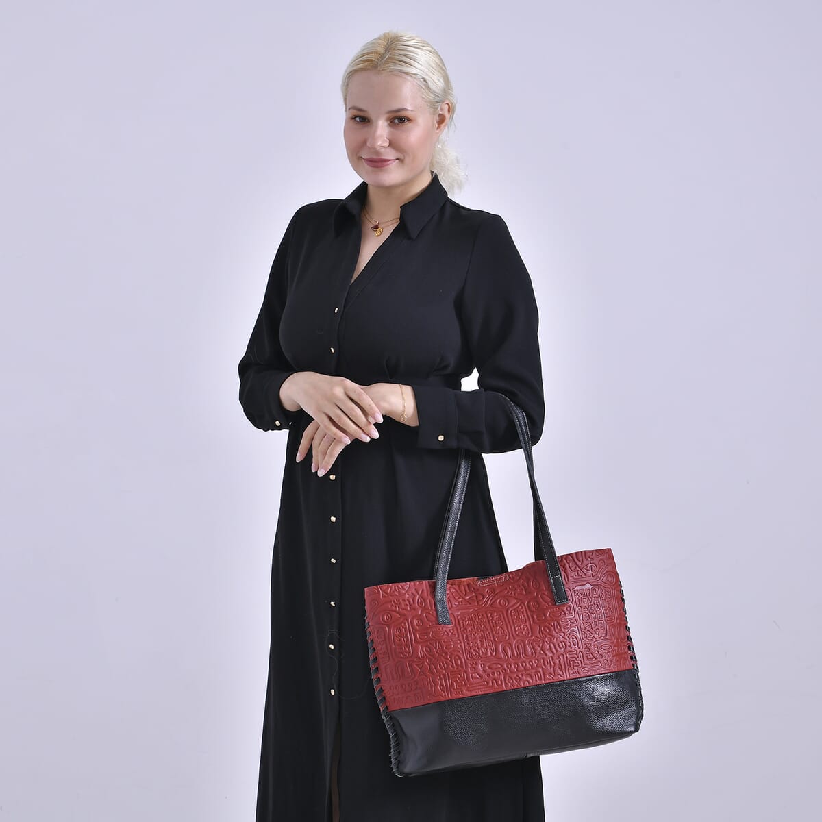 Italy Retro Noble Collection Red Genuine Leather Tote Bag with Small Zipper Bag image number 1