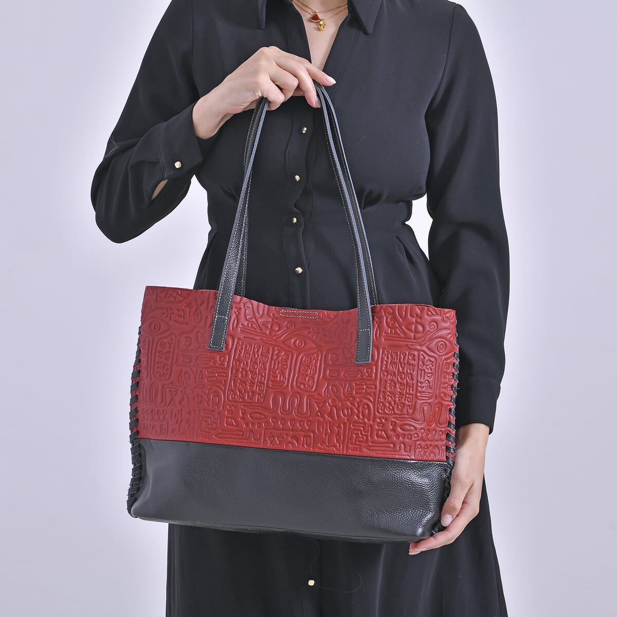 Italy Retro Noble Collection Red Genuine Leather Tote Bag with Small Zipper Bag image number 2