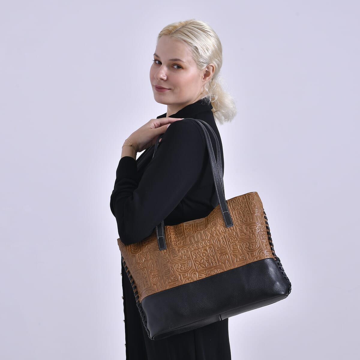 Italy Retro Noble Collection Light Brown Genuine Leather Tote Bag with Small Zipper Bag image number 1