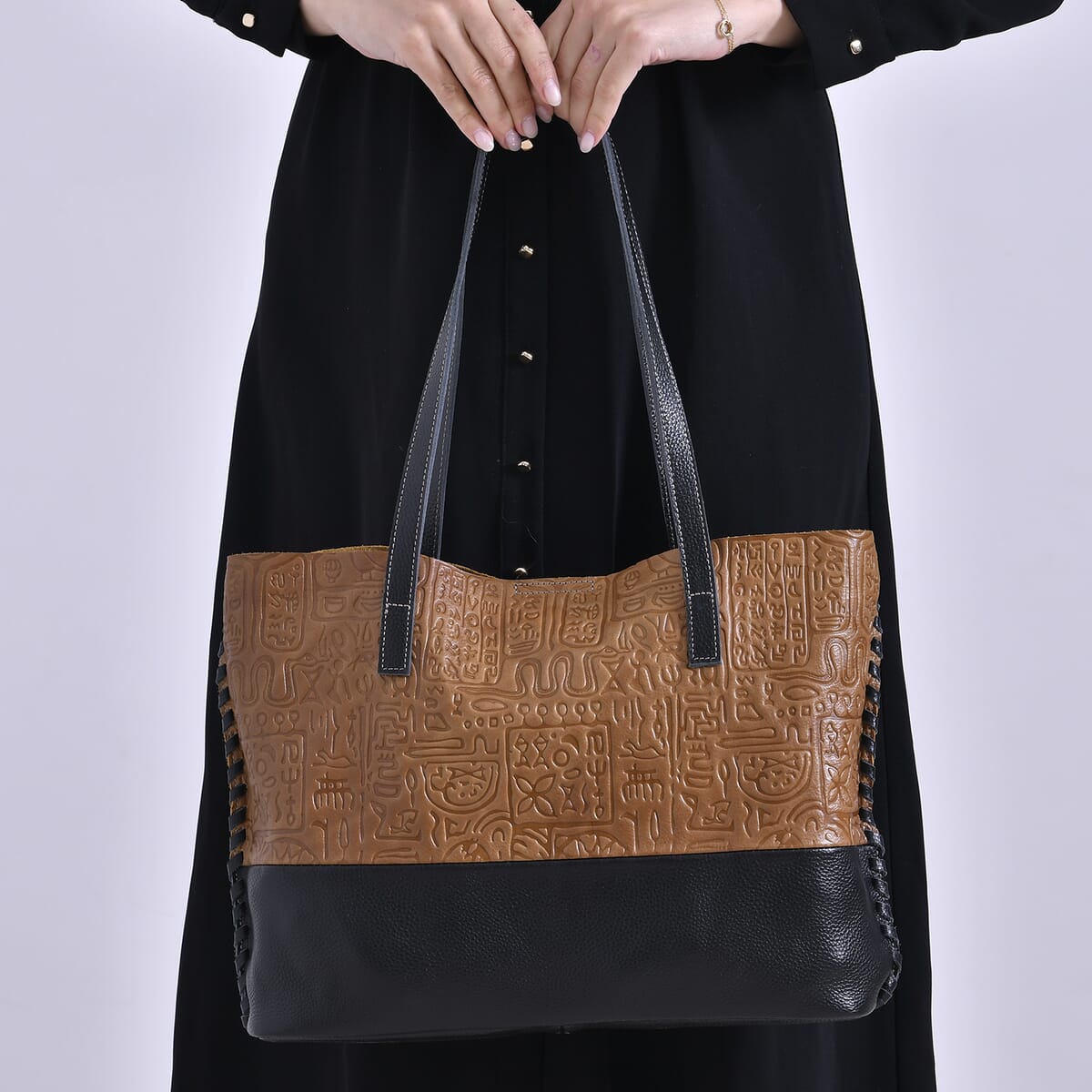 Italy Retro Noble Collection Light Brown Genuine Leather Tote Bag with Small Zipper Bag image number 2