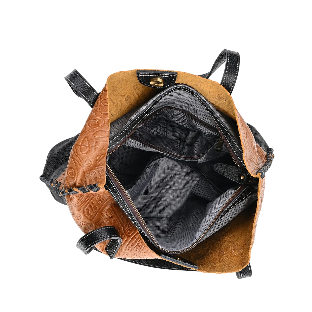 Italy Retro Noble Collection Light Brown Genuine Leather Tote Bag with Small Zipper Bag image number 4