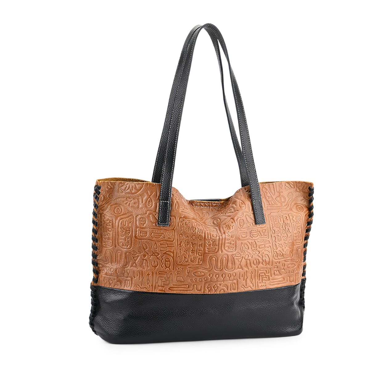 Italy Retro Noble Collection Light Brown Genuine Leather Tote Bag with Small Zipper Bag image number 5