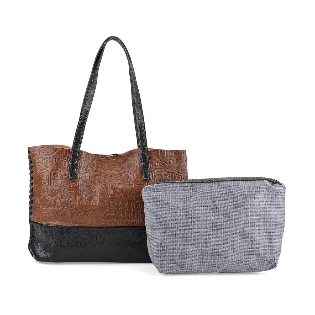 Italy Retro Noble Collection Dark Brown Genuine Leather Tote Bag with Small Zipper Bag image number 0