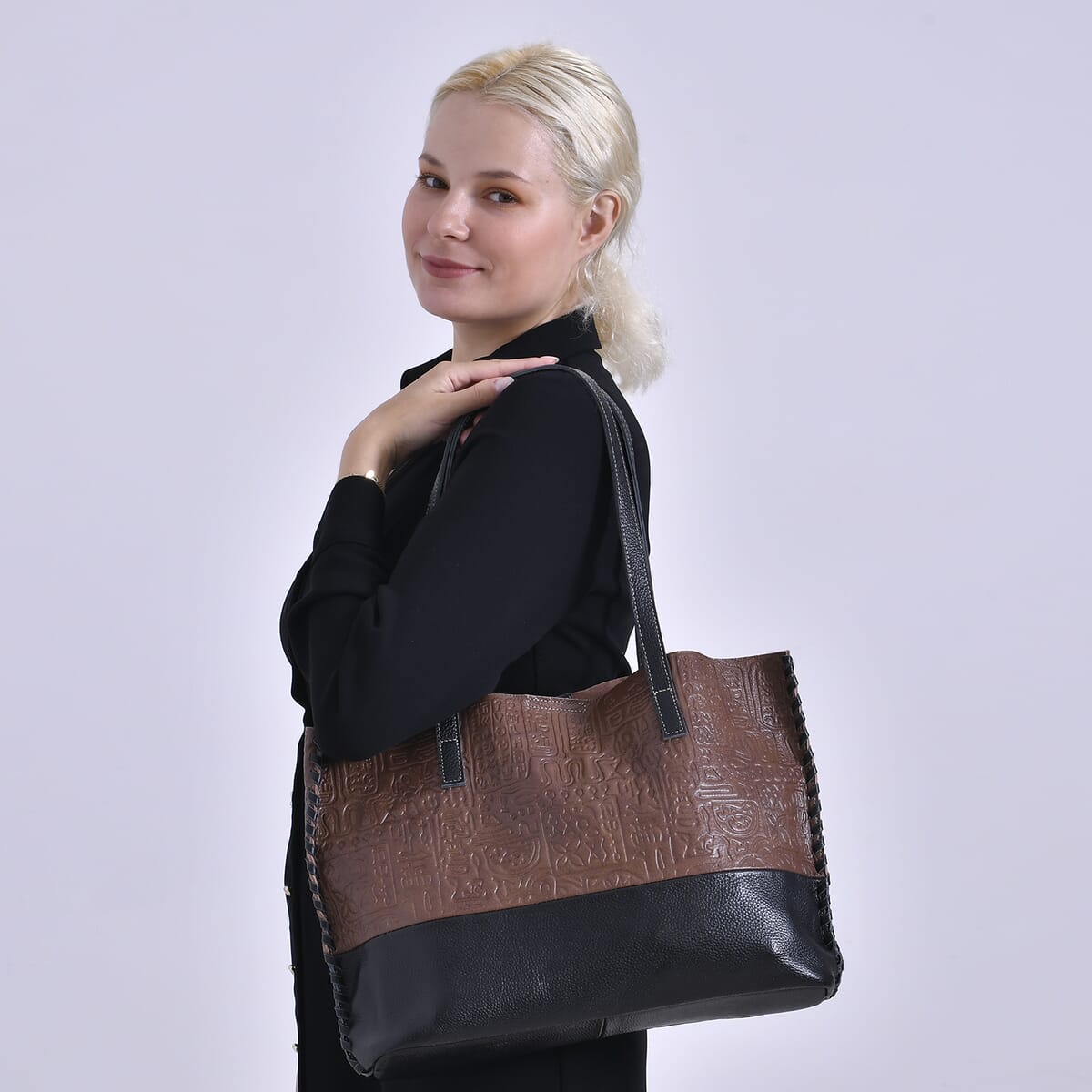 Italy Retro Noble Collection Dark Brown Genuine Leather Tote Bag with Small Zipper Bag image number 1