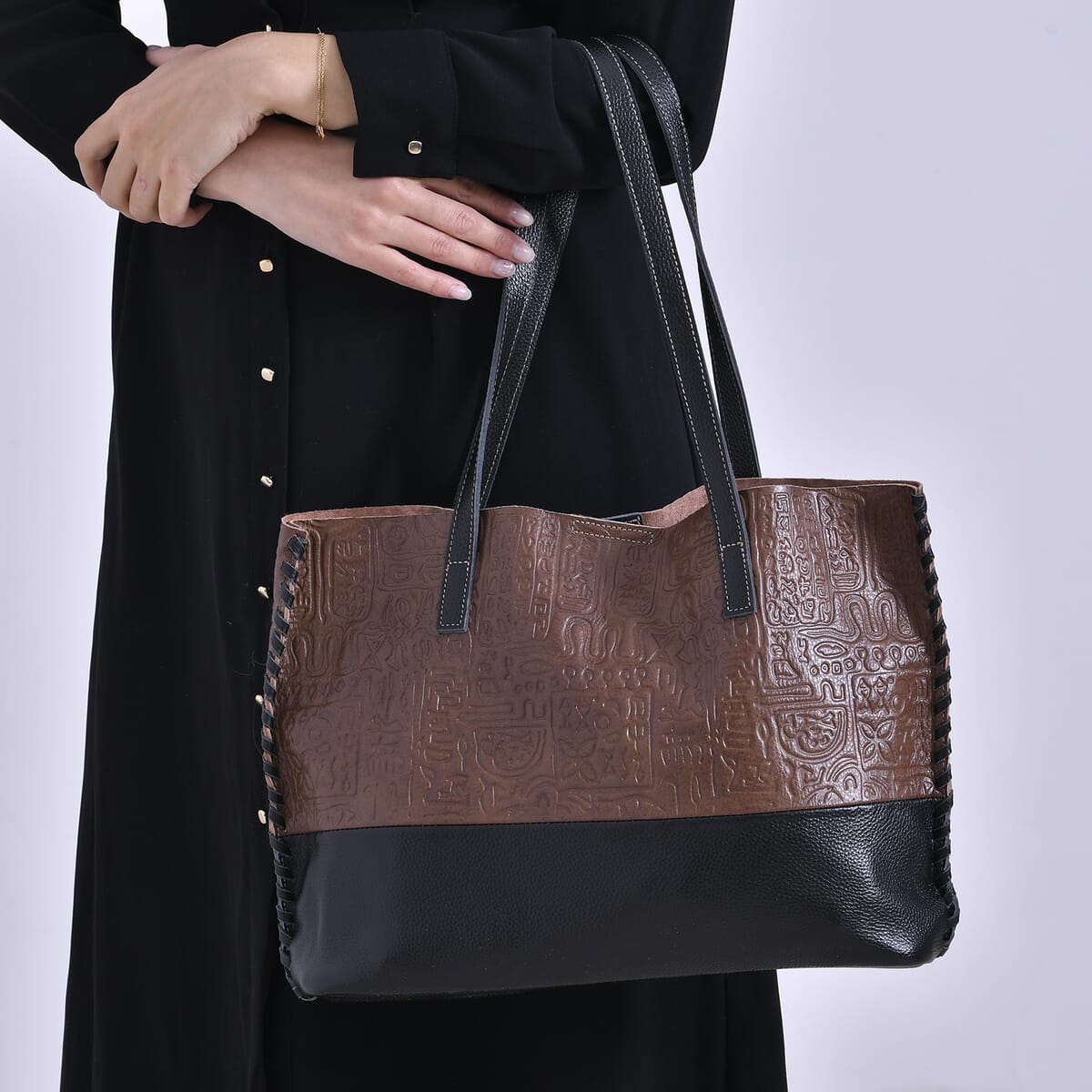 Italy Retro Noble Collection Dark Brown Genuine Leather Tote Bag with Small Zipper Bag image number 2