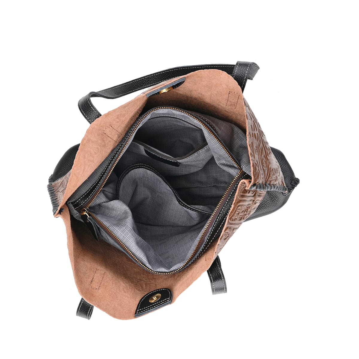 Italy Retro Noble Collection Dark Brown Genuine Leather Tote Bag with Small Zipper Bag image number 4
