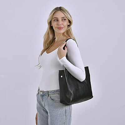 Italy Retro Noble Collection Black Genuine Leather Tote Bag