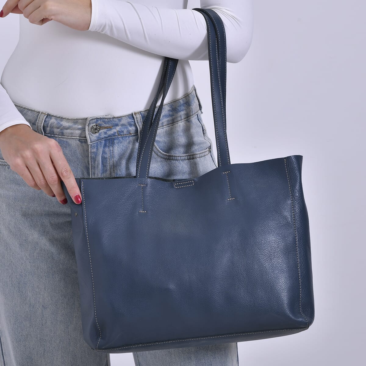 Italy Retro Noble Collection Blue Genuine Leather Tote Bag image number 2
