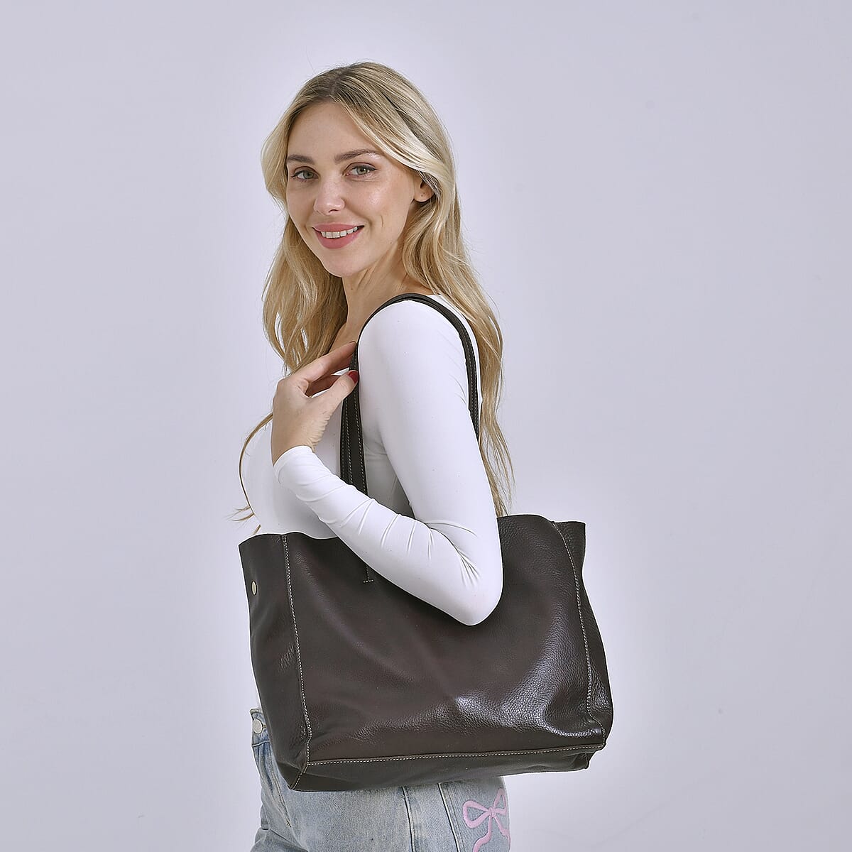 Italy Retro Noble Collection Dark Brown Genuine Leather Tote Bag image number 1