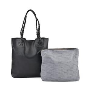 Italy Retro Noble Collection Black Genuine Leather Tote Bag with Chic Woven Double Handle