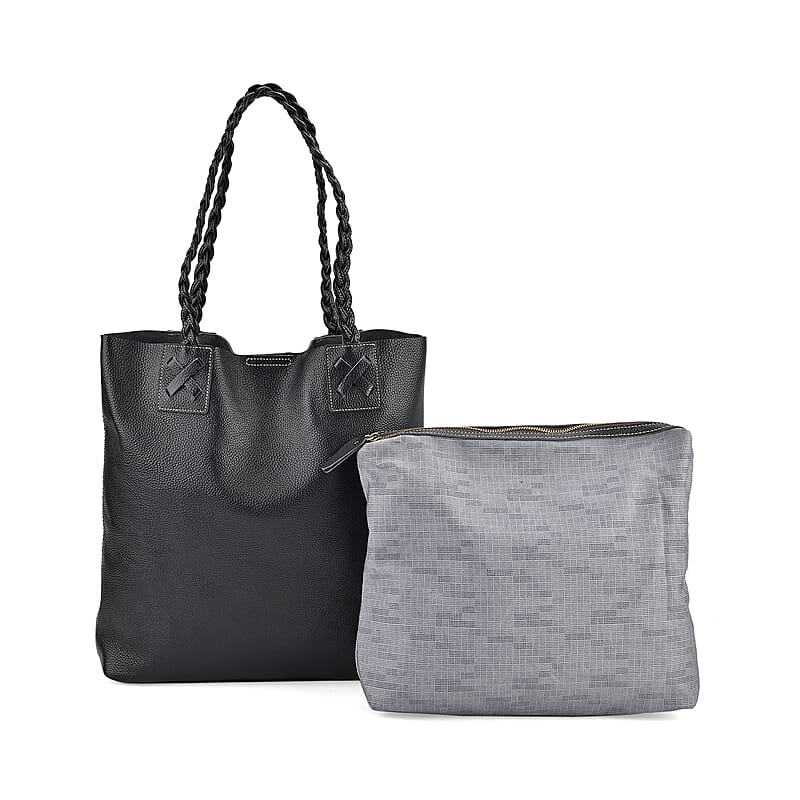 Italy Retro Noble Collection Black Genuine Leather Tote Bag with Chic Woven Double Handle