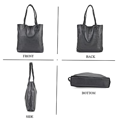 Italy Retro Noble Collection Black Genuine Leather Tote Bag with Chic Woven Double Handle