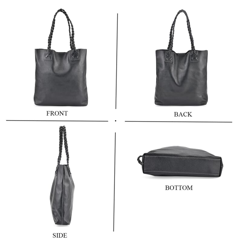 Italy Retro Noble Collection Black Genuine Leather Tote Bag with Chic Woven Double Handle