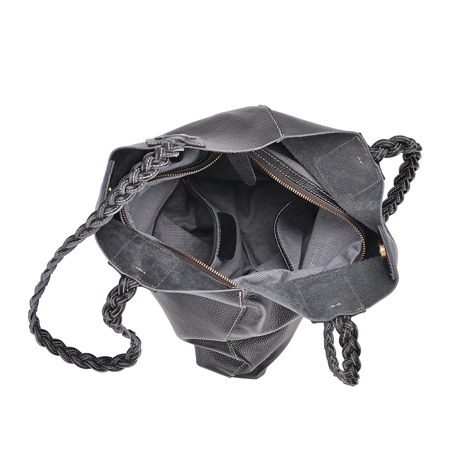 Italy Retro Noble Collection Black Genuine Leather Tote Bag with Chic Woven Double Handle