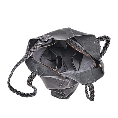 Italy Retro Noble Collection Black Genuine Leather Tote Bag with Chic Woven Double Handle