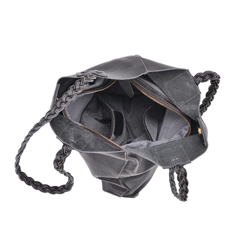 Italy Retro Noble Collection Black Genuine Leather Tote Bag with Chic Woven Double Handle