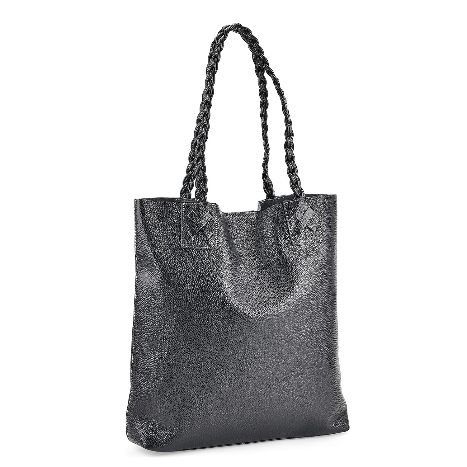 Italy Retro Noble Collection Black Genuine Leather Tote Bag with Chic Woven Double Handle