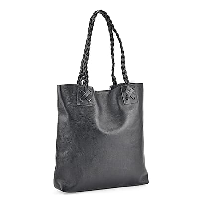 Italy Retro Noble Collection Black Genuine Leather Tote Bag with Chic Woven Double Handle