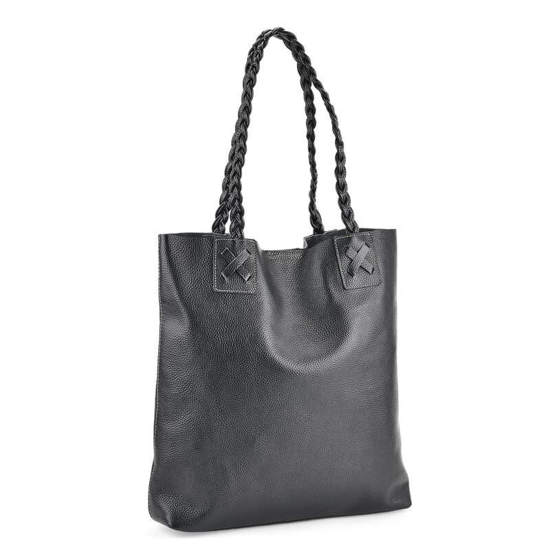 Italy Retro Noble Collection Black Genuine Leather Tote Bag with Chic Woven Double Handle