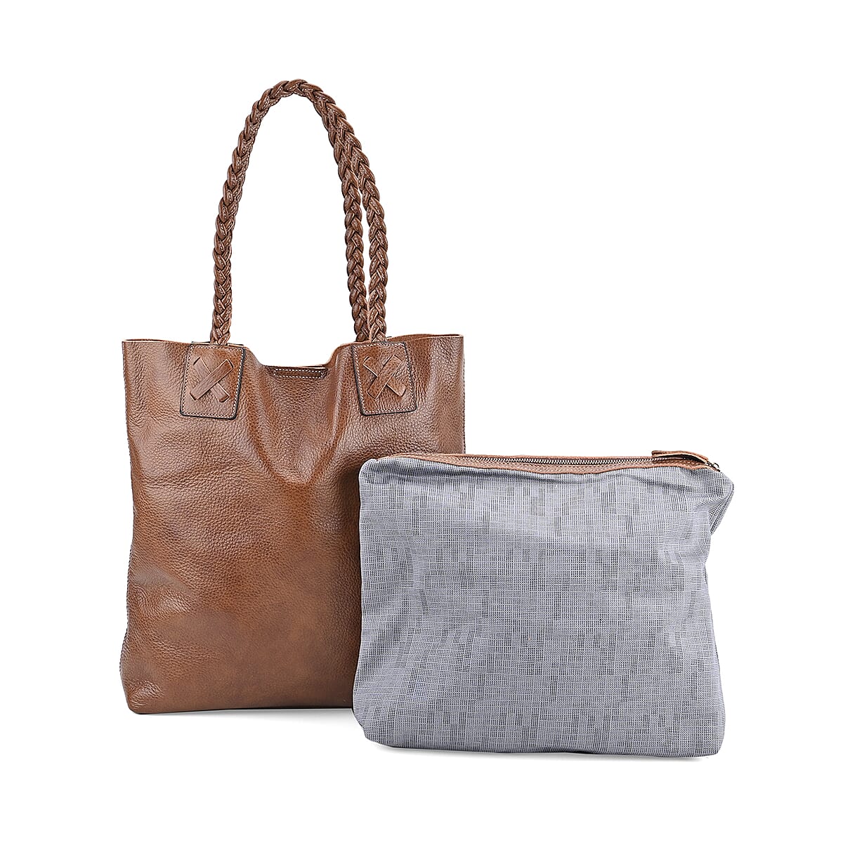 Italy Retro Noble Collection Light Brown Genuine Leather Tote Bag with Chic Woven Double Handle image number 0