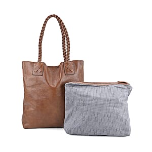 Italy Retro Noble Collection Light Brown Genuine Leather Tote Bag with Chic Woven Double Handle