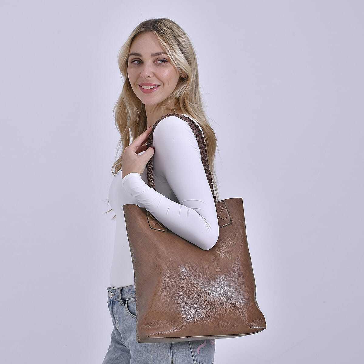 Italy Retro Noble Collection Light Brown Genuine Leather Tote Bag with Chic Woven Double Handle image number 1