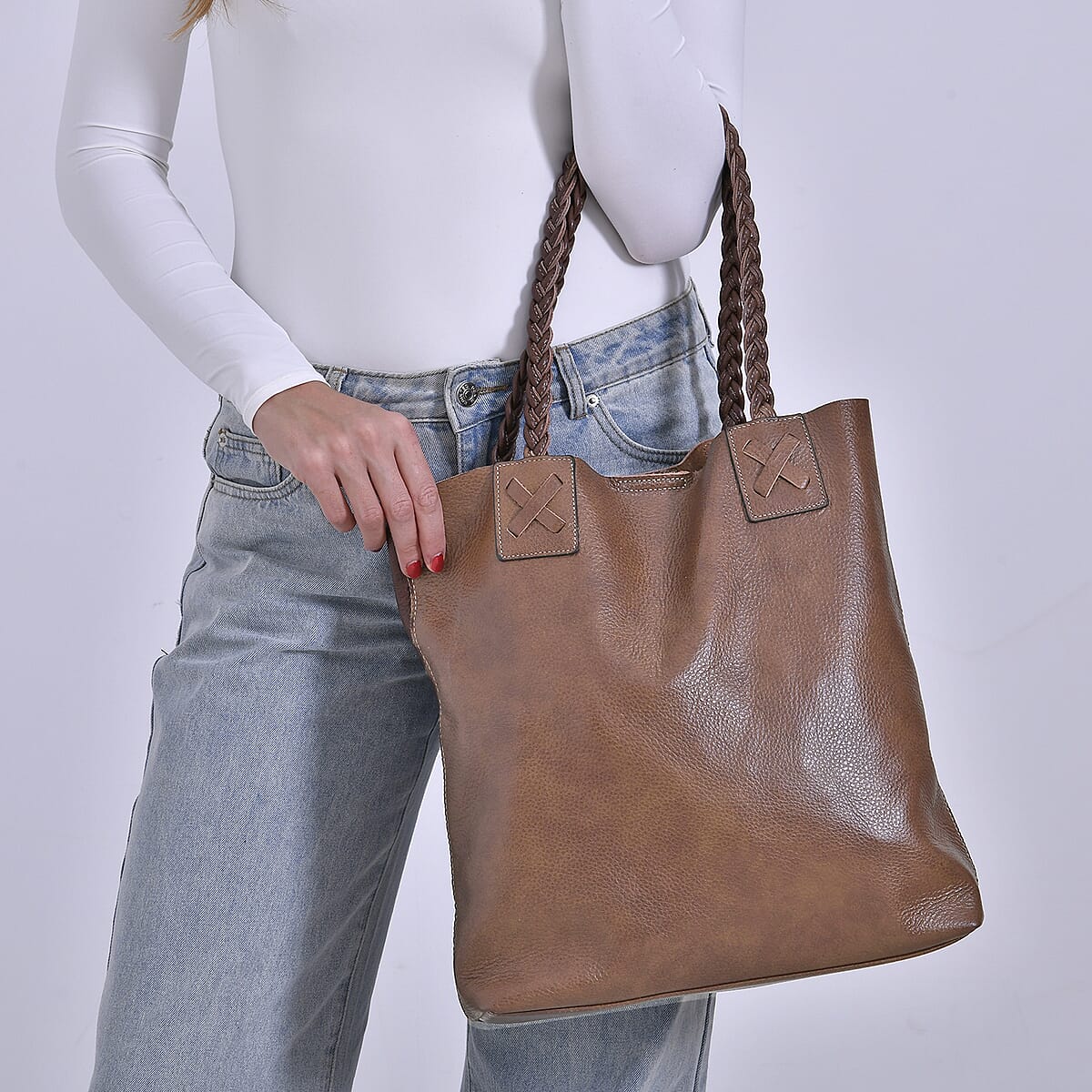 Italy Retro Noble Collection Light Brown Genuine Leather Tote Bag with Chic Woven Double Handle image number 2