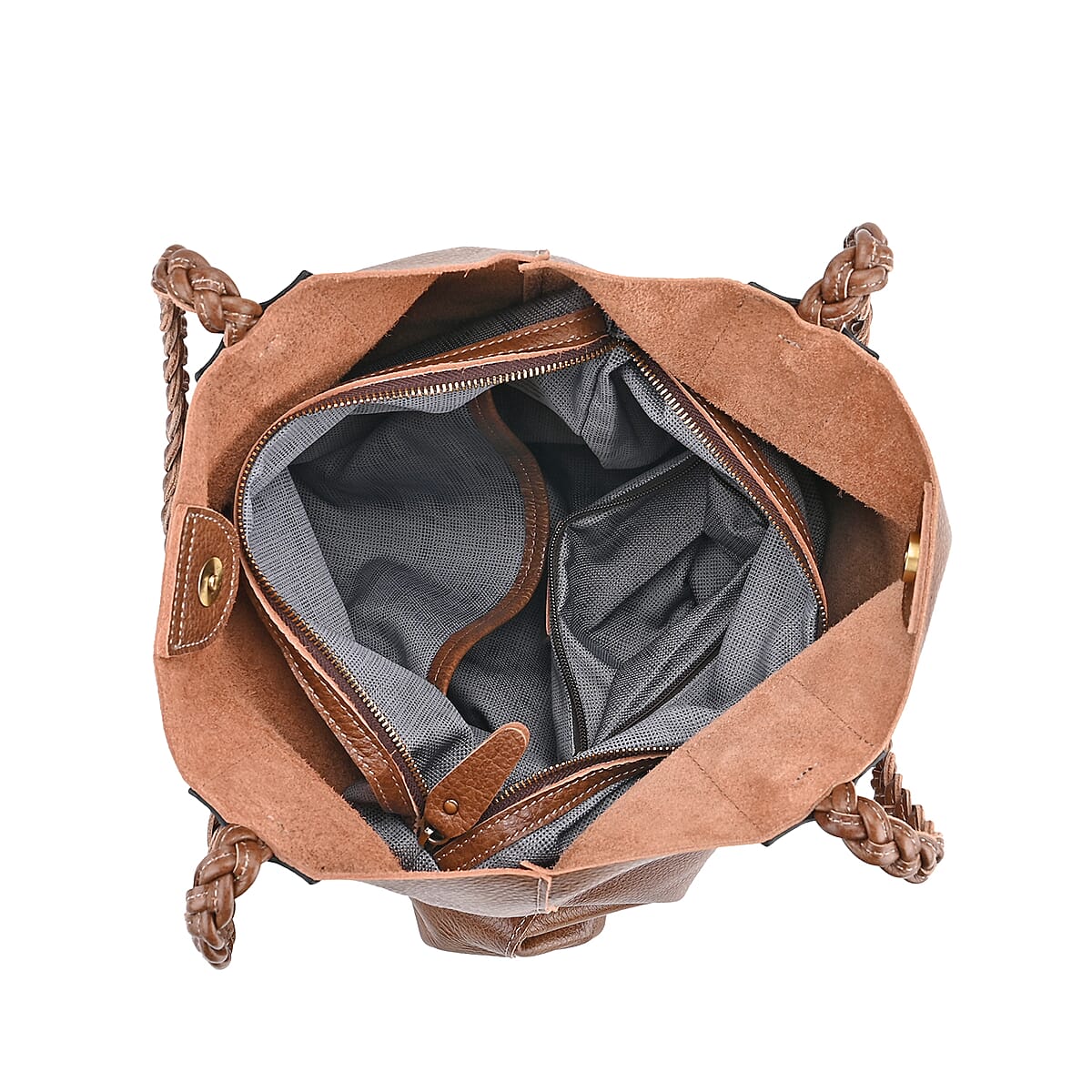 Italy Retro Noble Collection Light Brown Genuine Leather Tote Bag with Chic Woven Double Handle image number 4