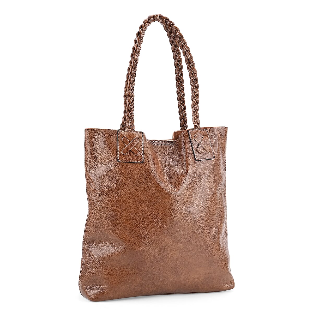 Italy Retro Noble Collection Light Brown Genuine Leather Tote Bag with Chic Woven Double Handle image number 5