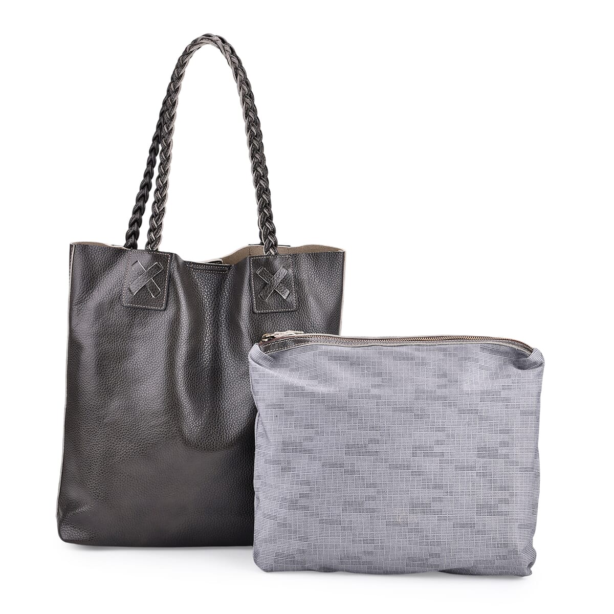 Italy Retro Noble Collection Gray Genuine Leather Tote Bag with Chic Woven Double Handle image number 0