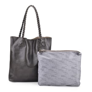 Italy Retro Noble Collection Gray Genuine Leather Tote Bag with Chic Woven Double Handle