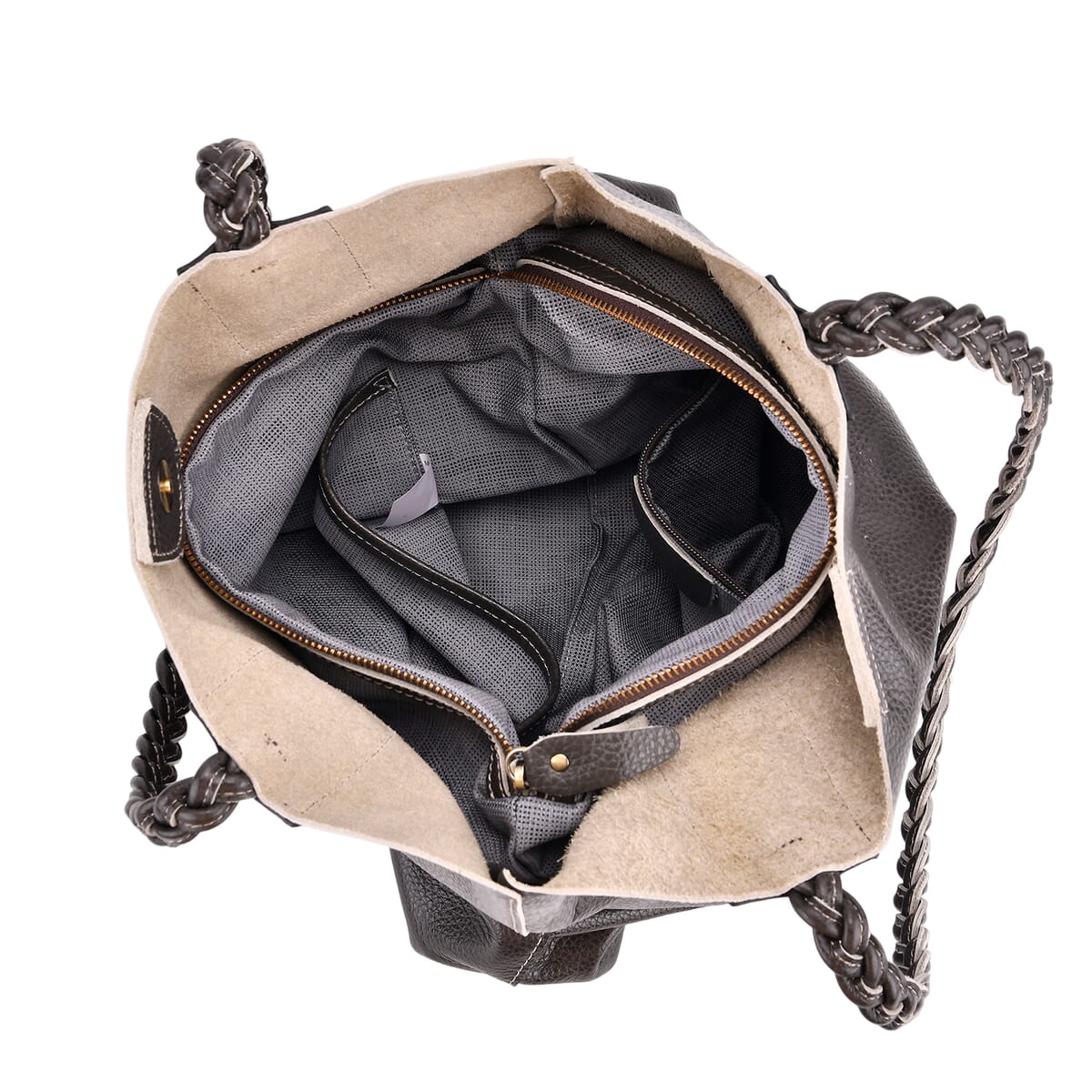 Italy Retro Noble Collection Gray Genuine Leather Tote Bag with Chic Woven Double Handle image number 4