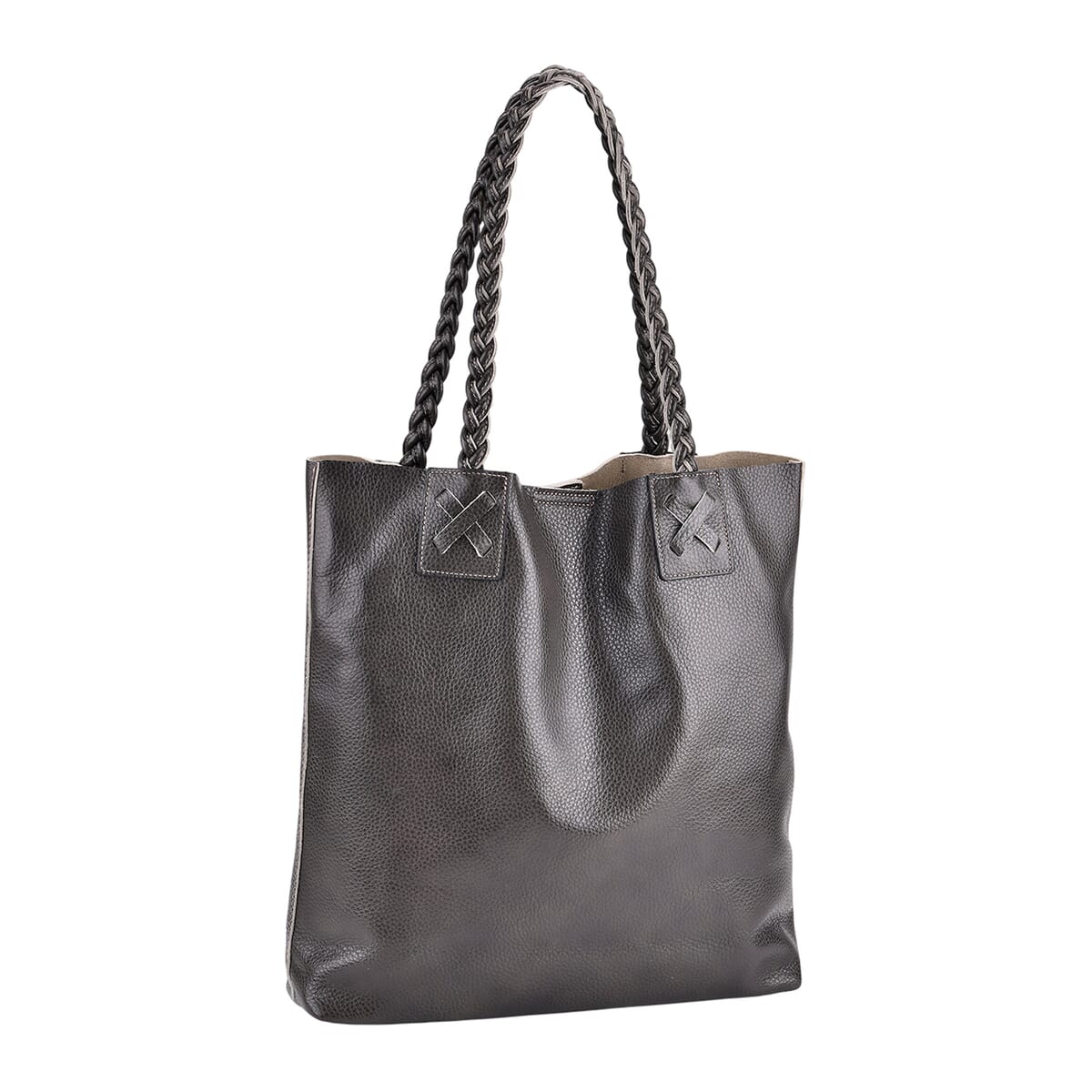 Italy Retro Noble Collection Gray Genuine Leather Tote Bag with Chic Woven Double Handle image number 5
