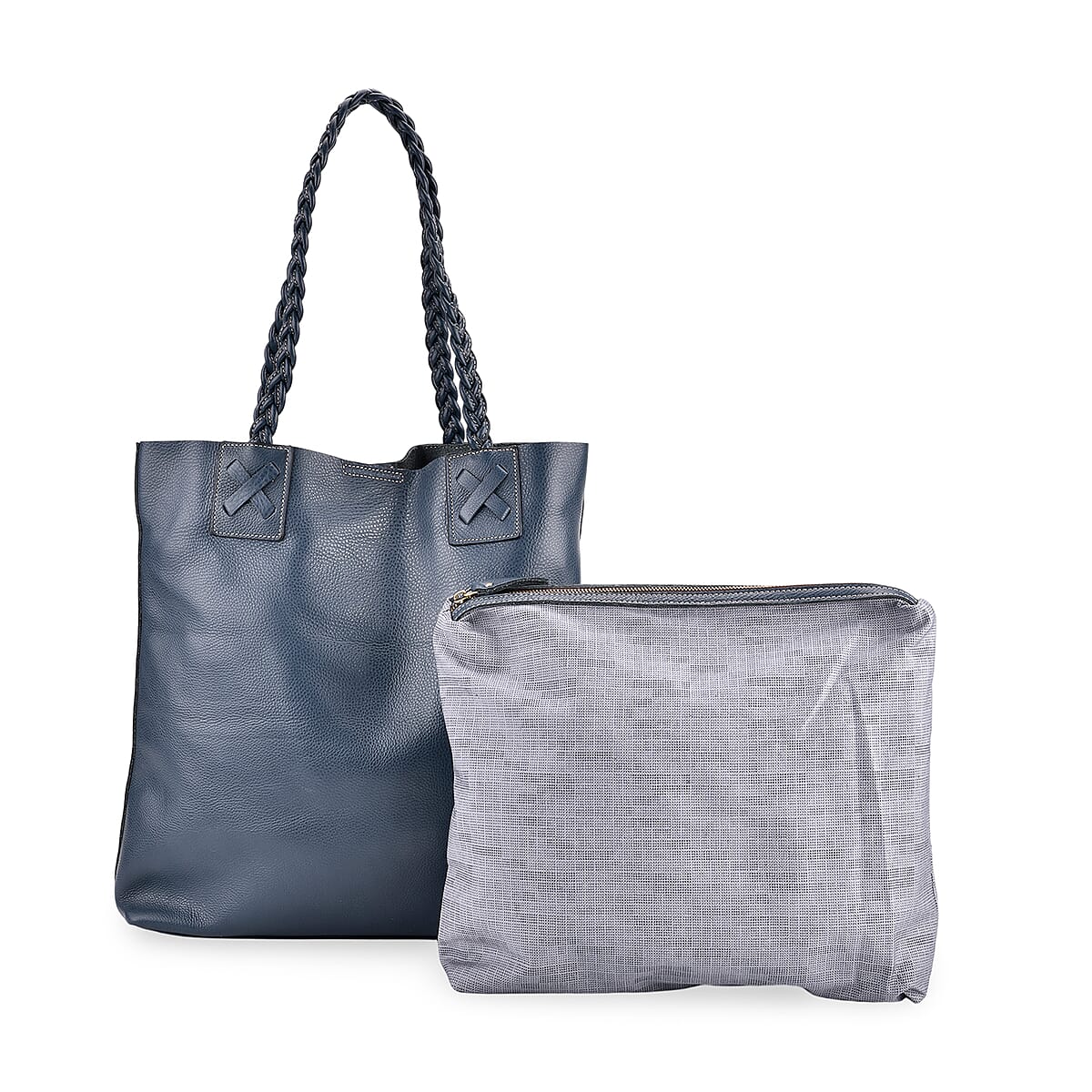 Italy Retro Noble Collection Blue Genuine Leather Tote Bag with Chic Woven Double Handle image number 0