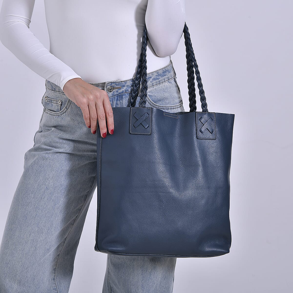 Italy Retro Noble Collection Blue Genuine Leather Tote Bag with Chic Woven Double Handle image number 2