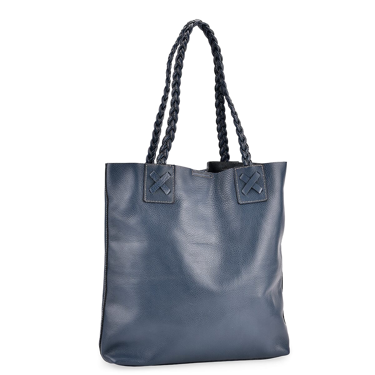 Italy Retro Noble Collection Blue Genuine Leather Tote Bag with Chic Woven Double Handle image number 5