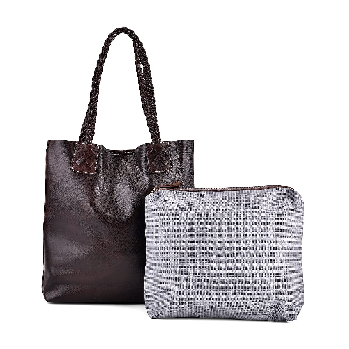 Italy Retro Noble Collection Brown Genuine Leather Tote Bag with Chic Woven Double Handle image number 0