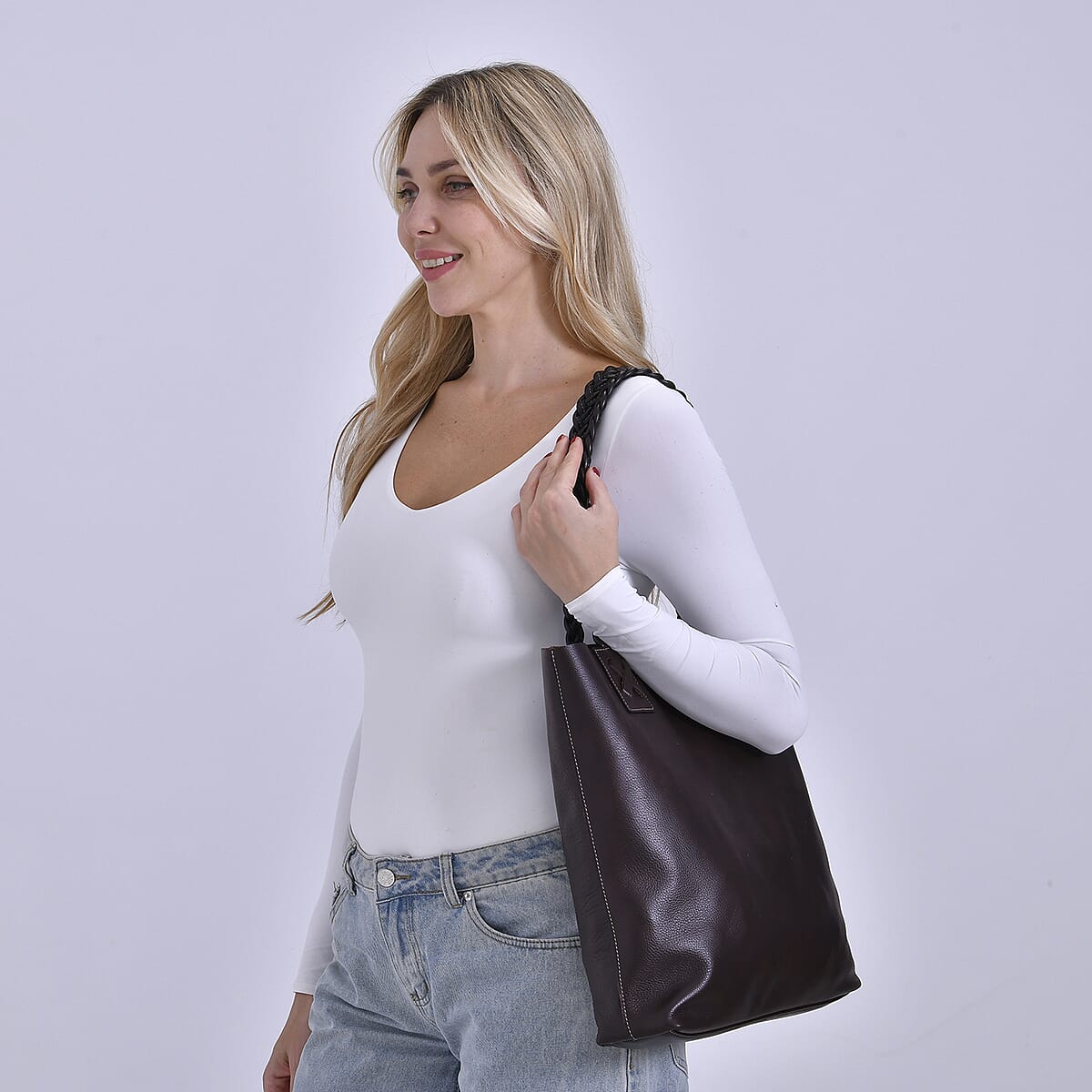 Italy Retro Noble Collection Brown Genuine Leather Tote Bag with Chic Woven Double Handle image number 1