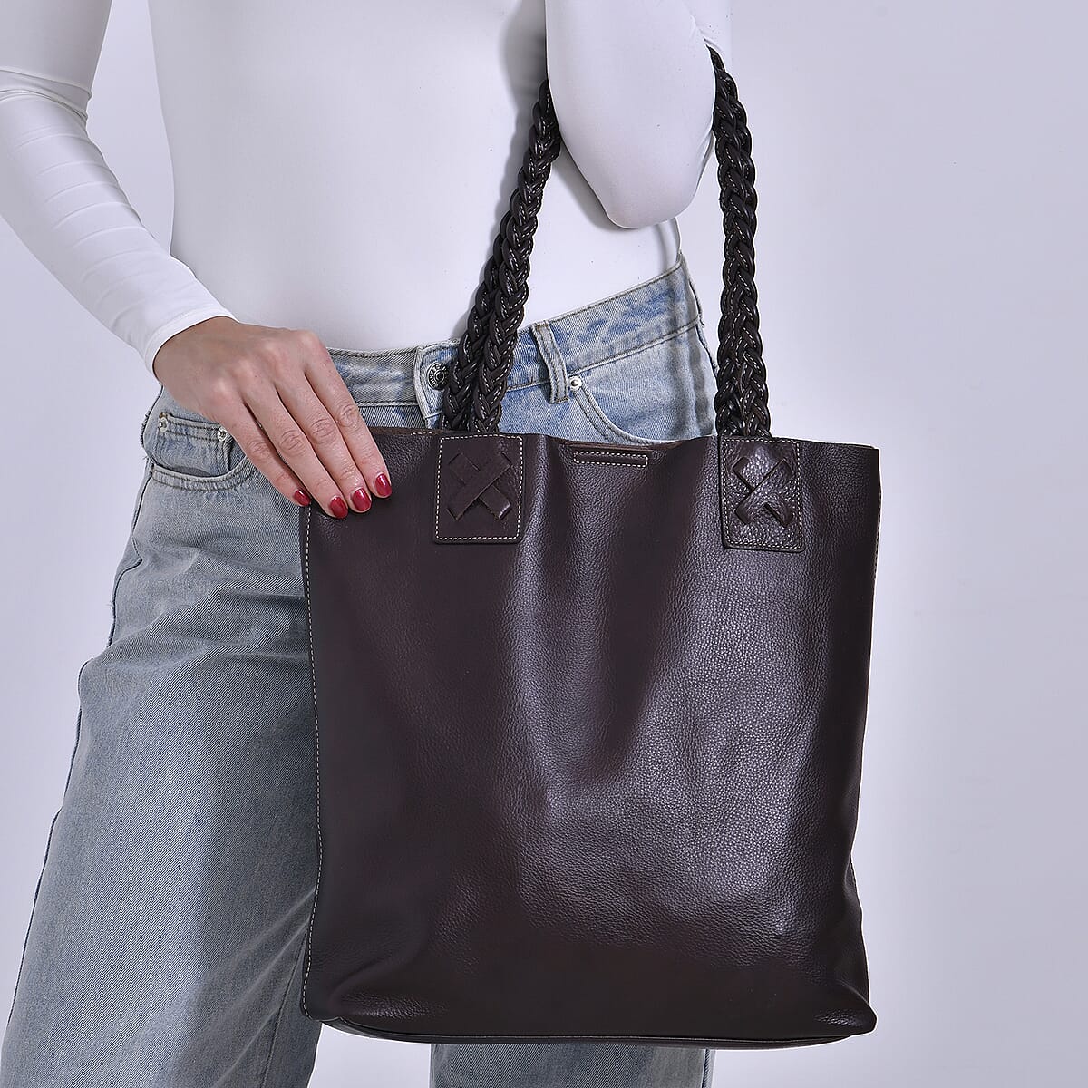 Italy Retro Noble Collection Brown Genuine Leather Tote Bag with Chic Woven Double Handle image number 2