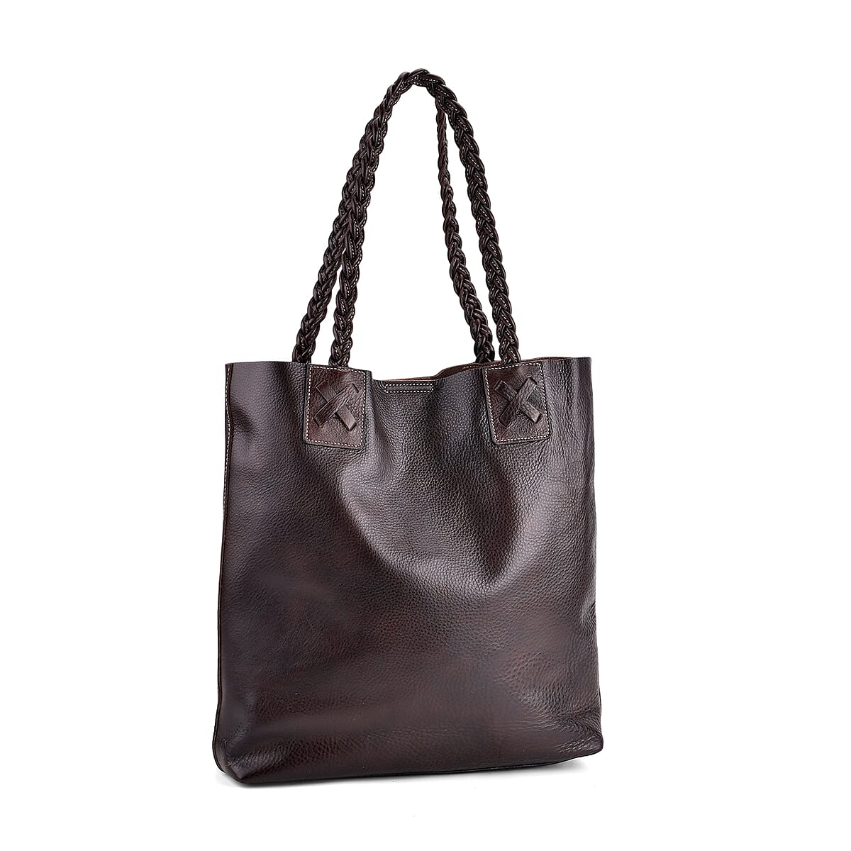 Italy Retro Noble Collection Brown Genuine Leather Tote Bag with Chic Woven Double Handle image number 5