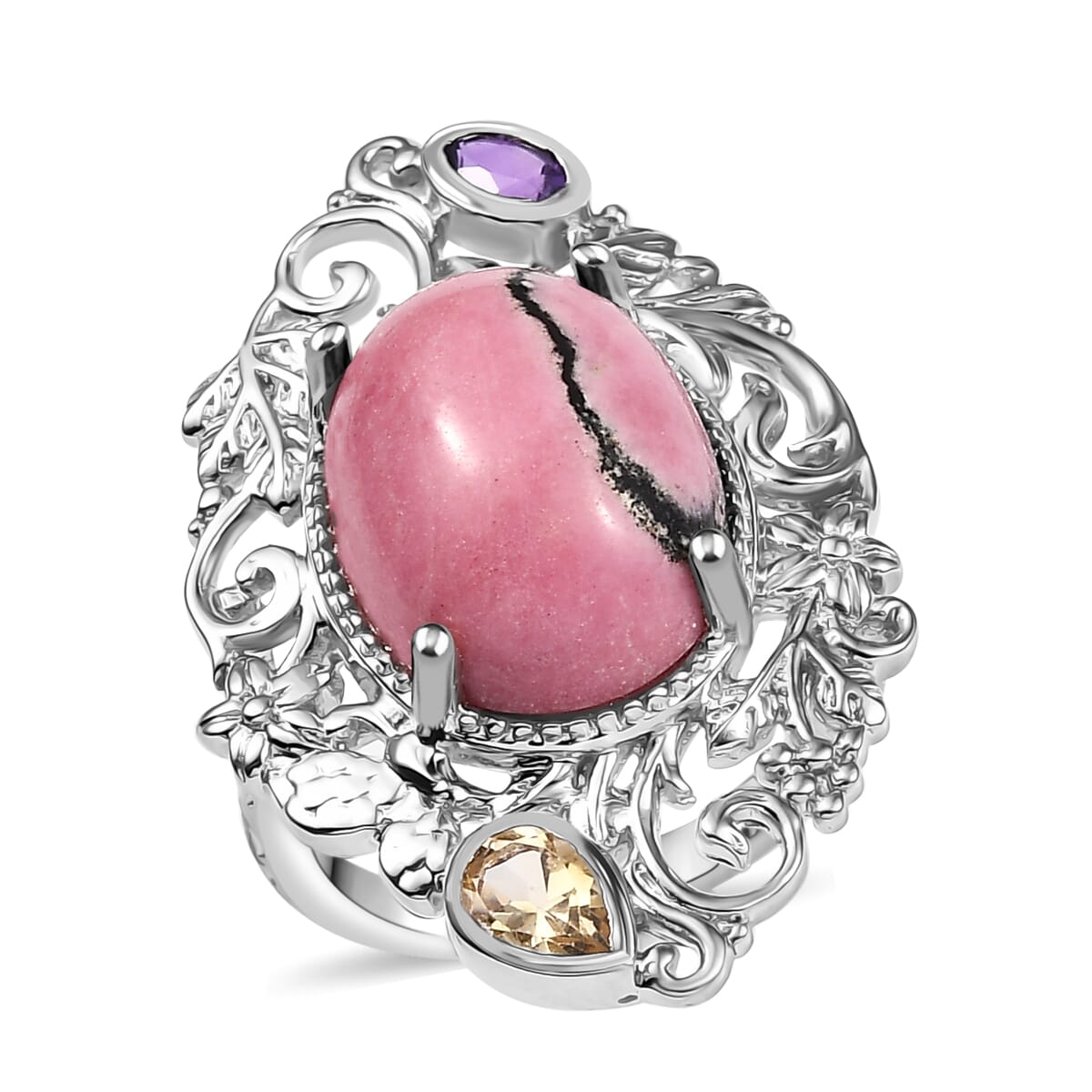 Karis Rhodonite and Multi Gemstone 15.30 ctw Ring in Platinum Bond (Size 10.0) image number 0